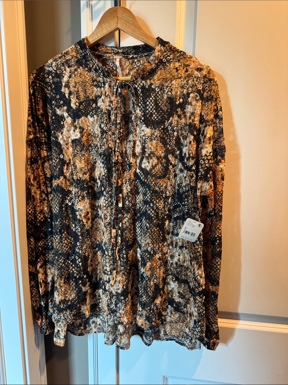 Free People Black and Tan Mixed Print Long Sleeve Blouse